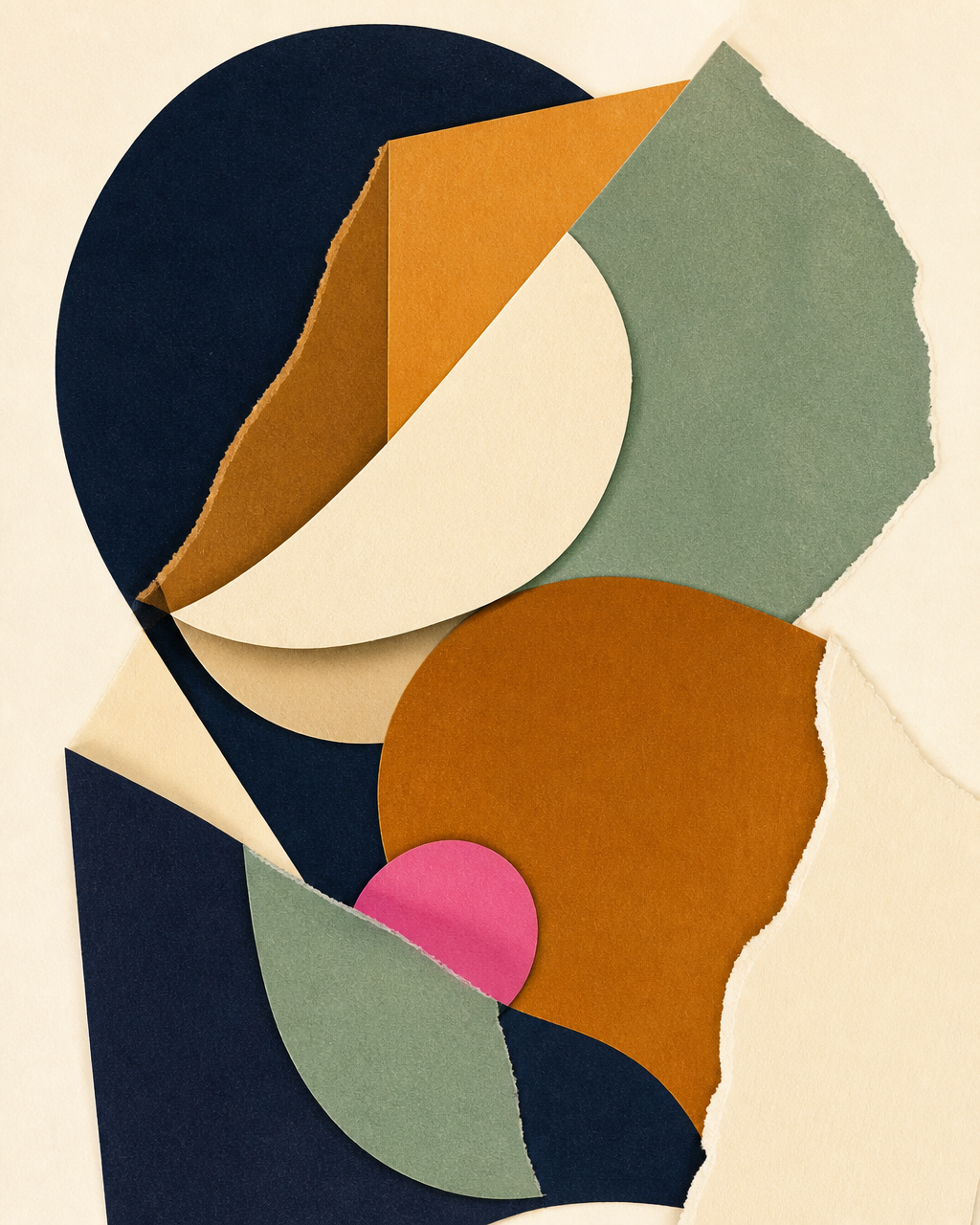 Collage of layered shapes and type fragments in navy, amber, sage and pink, representing brand positioning and messaging work.