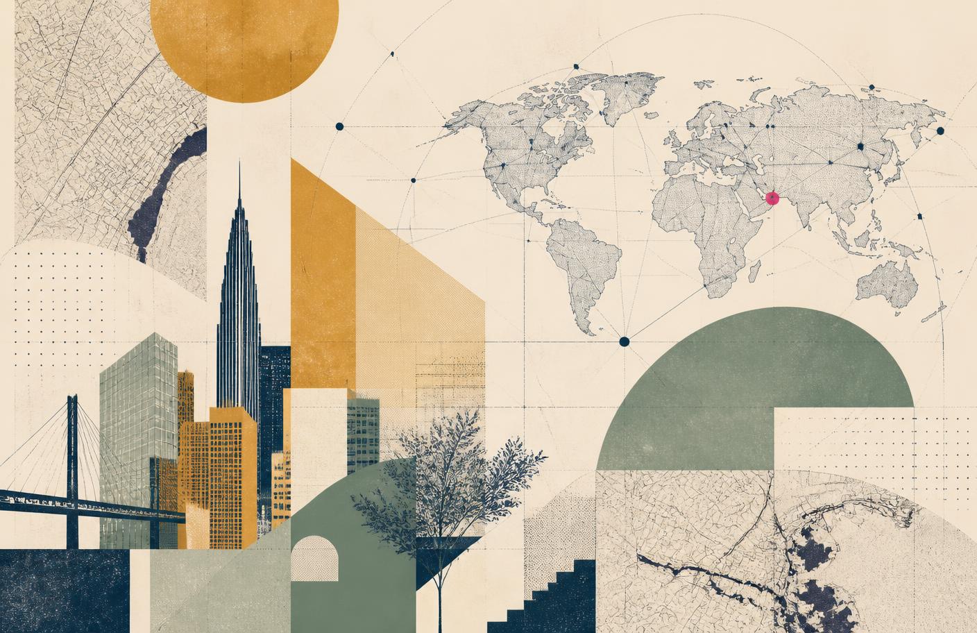 Collage of Brooklyn rooftops and a world map with connected points, reflecting Aligaloo’s Brooklyn base and global client work