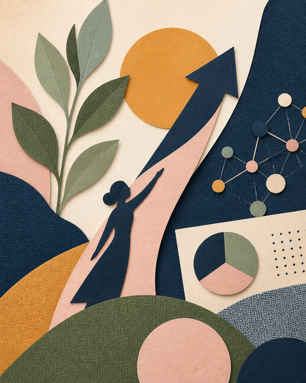 Collage of layered shapes, charts and arrows in navy, amber, sage and pink, representing growth and digital marketing work.